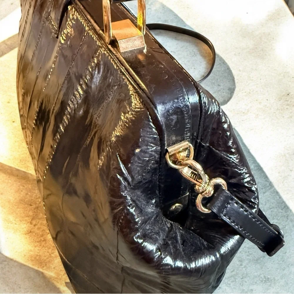 Sunsea Vintage Black Eel Skin Top Handle Crossbody 90s Structured Frame Bag